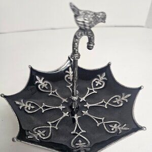 Cynthia Rowley Black/Silver Enamel Metal Jewelry Holder Umbrella W/Bird Handle